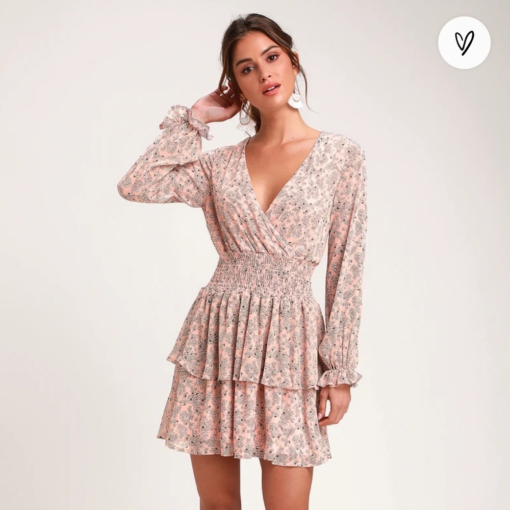 Lulu’s Room to Bloom Light Pink Floral Print Long Sleeve Dress Small